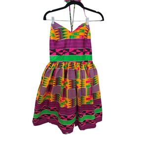 Grass-Fields African Print Halter Midi Dress Multicolor Geometric Plus 3XL NEW